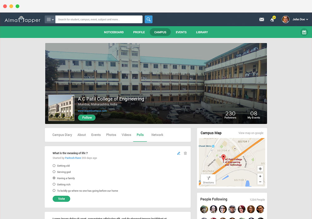 a c patil college of engineering in the social learning web app