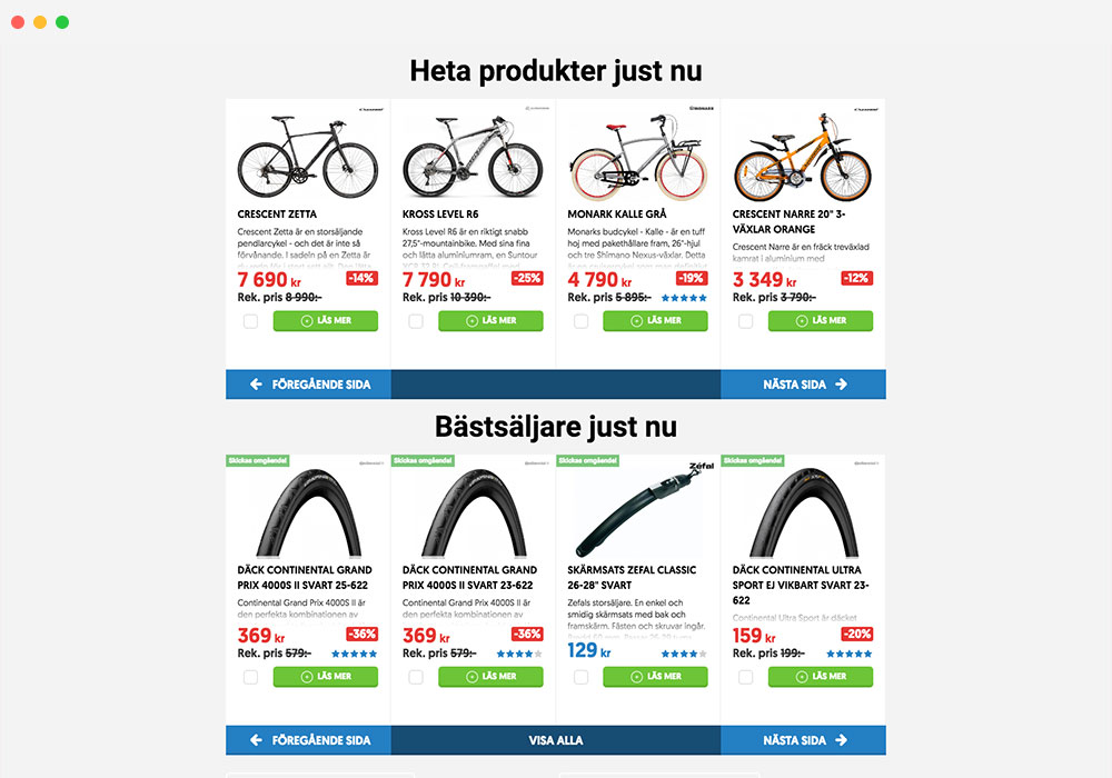 bikes and accessories listed in an ecommerce website