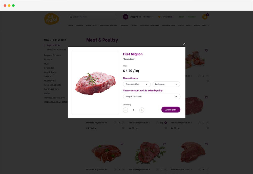 Filet mignon product page of the ecommerece grocery website