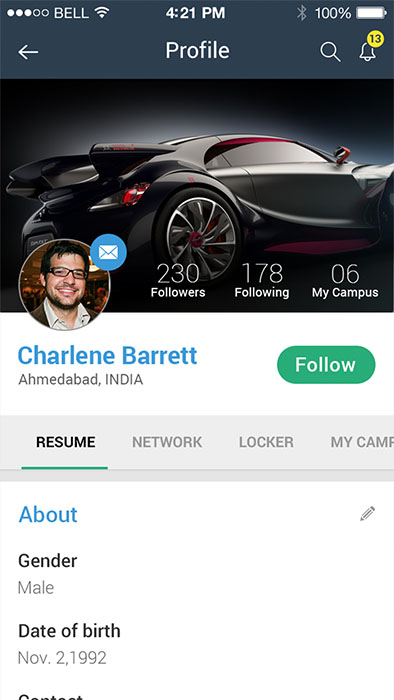 profile screen of the social learning app