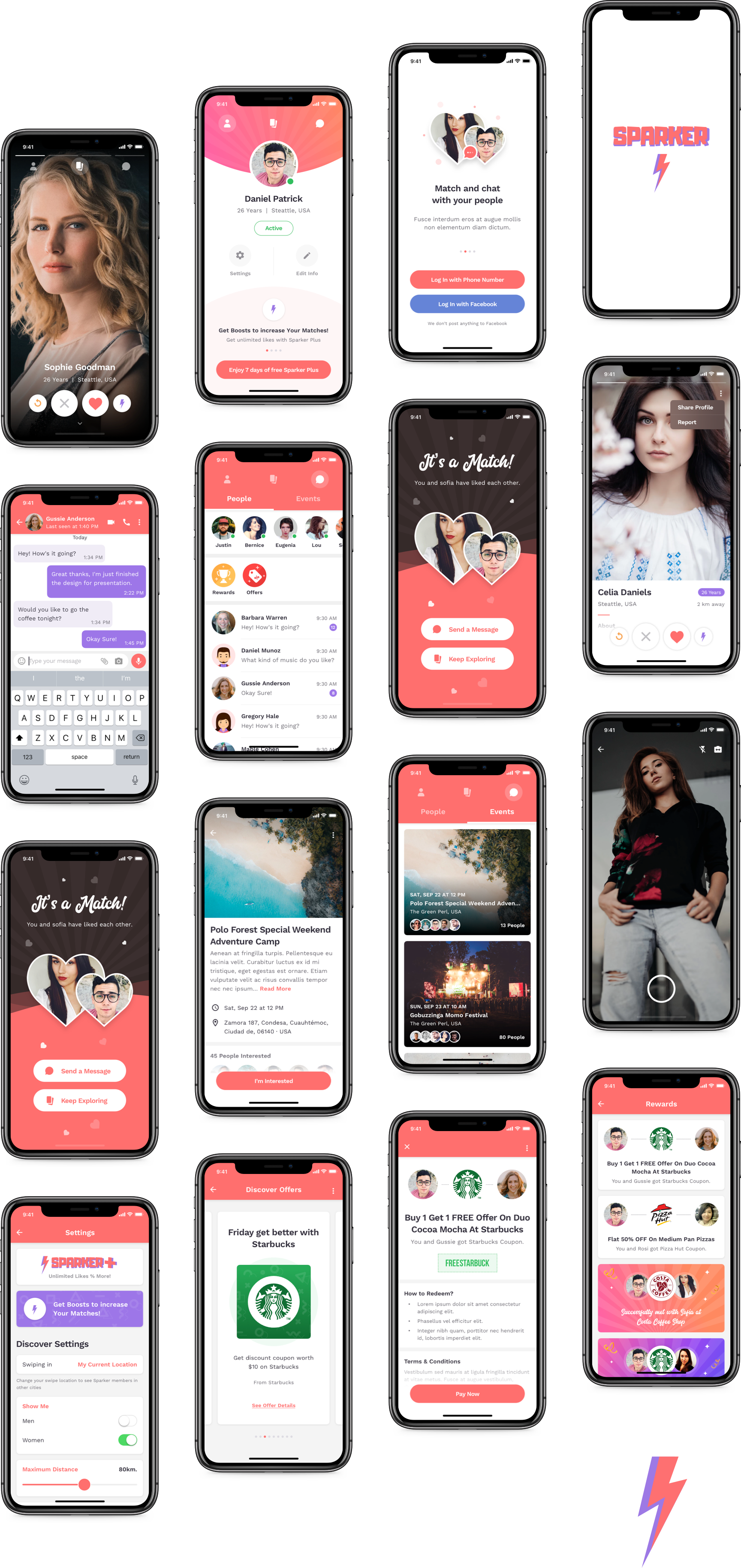 Screen snaps of an online dating app sparker
