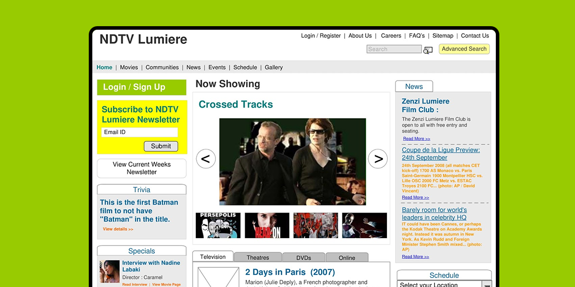 Homepage of NDTV lumiere